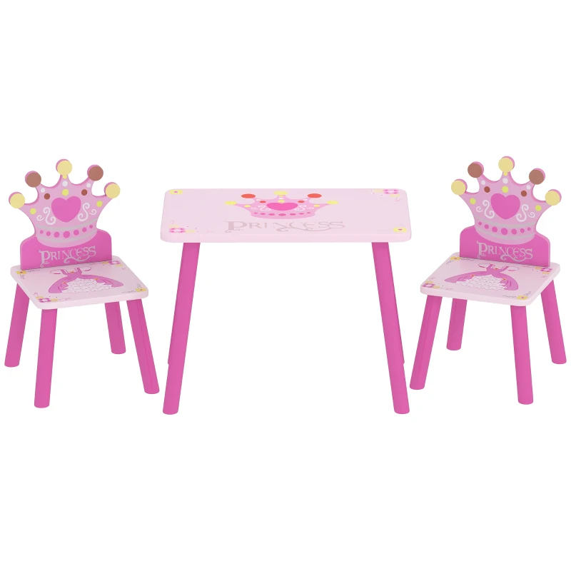 HOMCOM Ensemble table et 2 chaises enfant 3 pièces, pieds en bois massif, table avec chaise motif couronne, pour filles et garçons de 2 à 4 ans, rose