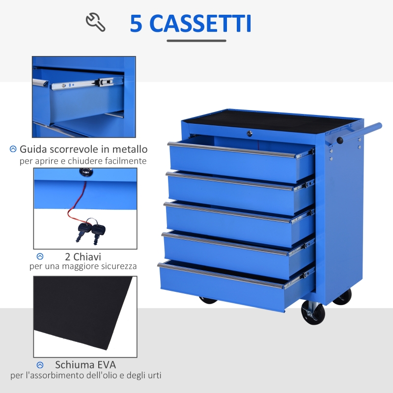 HOMCOM Carrello da Officina a 5 Cassetti con Ruote in Metallo Blu, 67.5x 33 x 77cm
