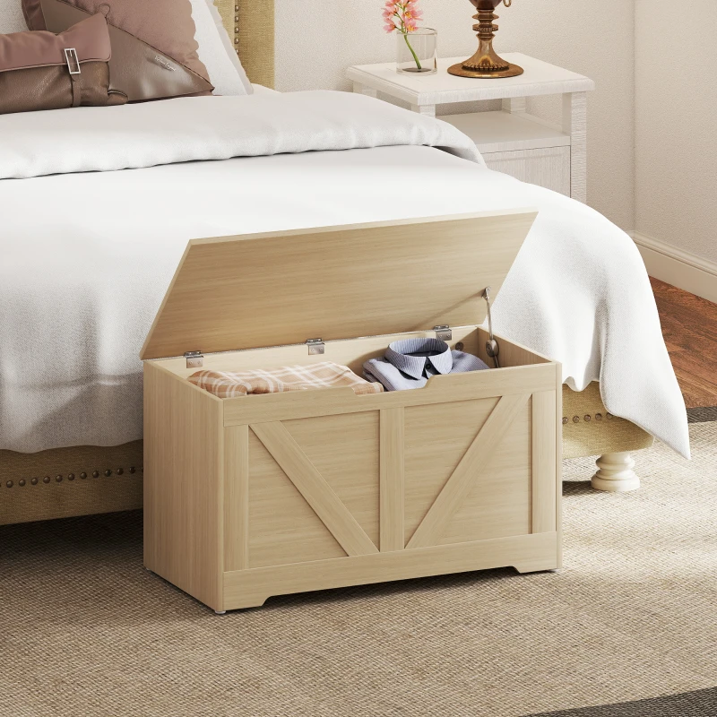 HOMCOM Coffre de rangement, banc de rangement avec couvercle rabattable et charnières de sécurité, 80 x 40 x 45 cm, bois naturel