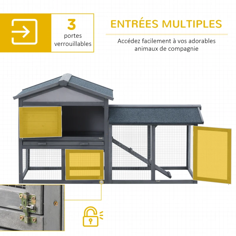 PawHut Clapier cage à lapins rongeurs 2 niveaux clapier lapin nain avec 3 portes verrouillables tiroir à déjection toit intégral bitumé 147L x 54l x 84H cm bois massif pin gris