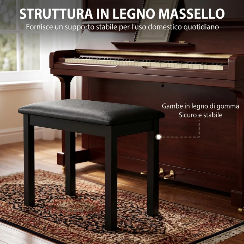 HOMCOM Sgabello per Pianoforte con Gambe in Legno di Caucciù, Seduta Imbottita, Rivestimento in Finta Pelle PU, Nero