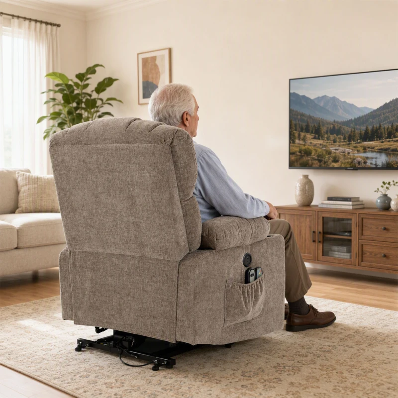 HOMCOM Fauteuil TV avec fonction releveur, Fauteuil relax électrique avec massage & chaleur, Fonction inclinable, Ports USB, Marron