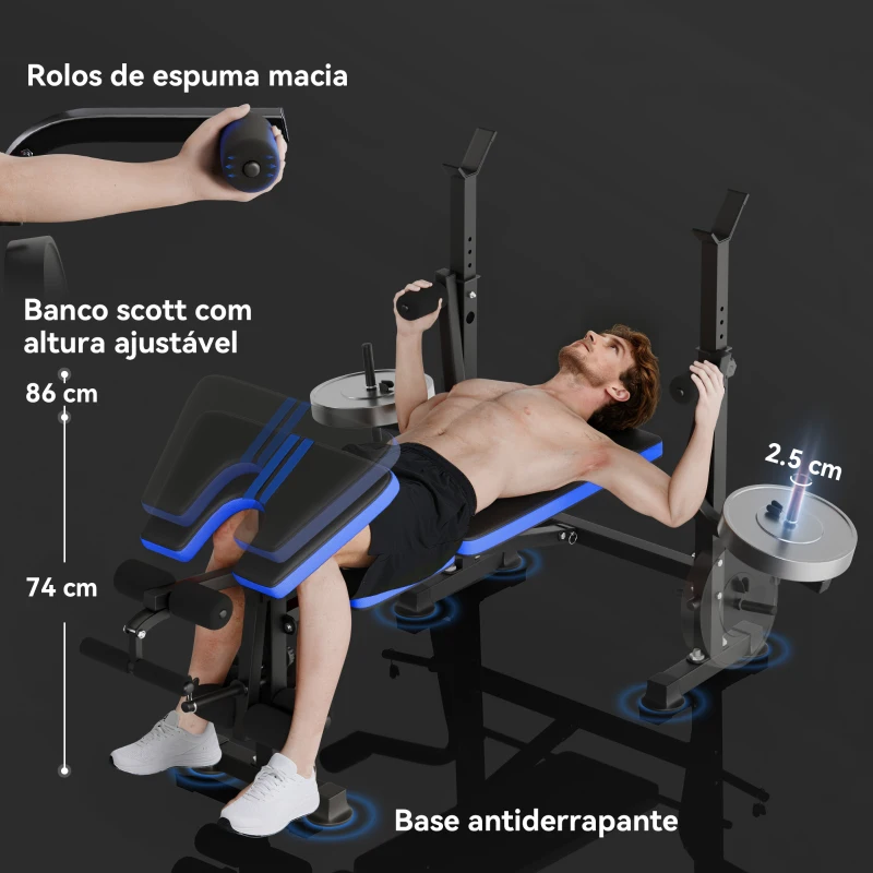 HOMCOM Banco de Musculação com Encosto Ajustável e Suporte para Barras Regulável para Treino em Casa Ginásio 175x139x127 cm Preto e Azul
