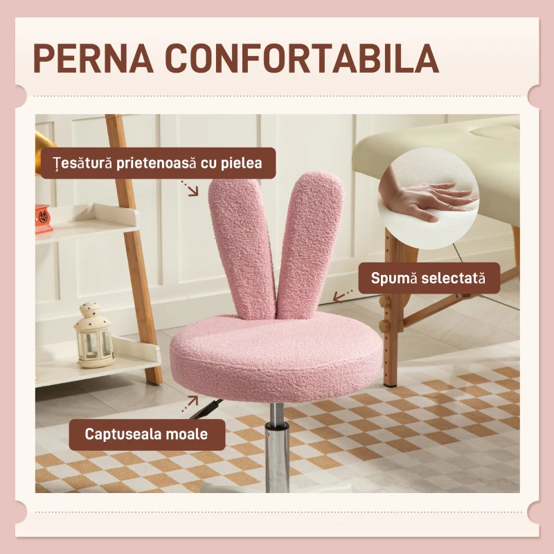 HOMCOM Scaun de Birou cu Urechi de Iepure, Înălțime Reglabilă și Acoperit cu Pluș Teddy Roz, 53x53x70-84 cm