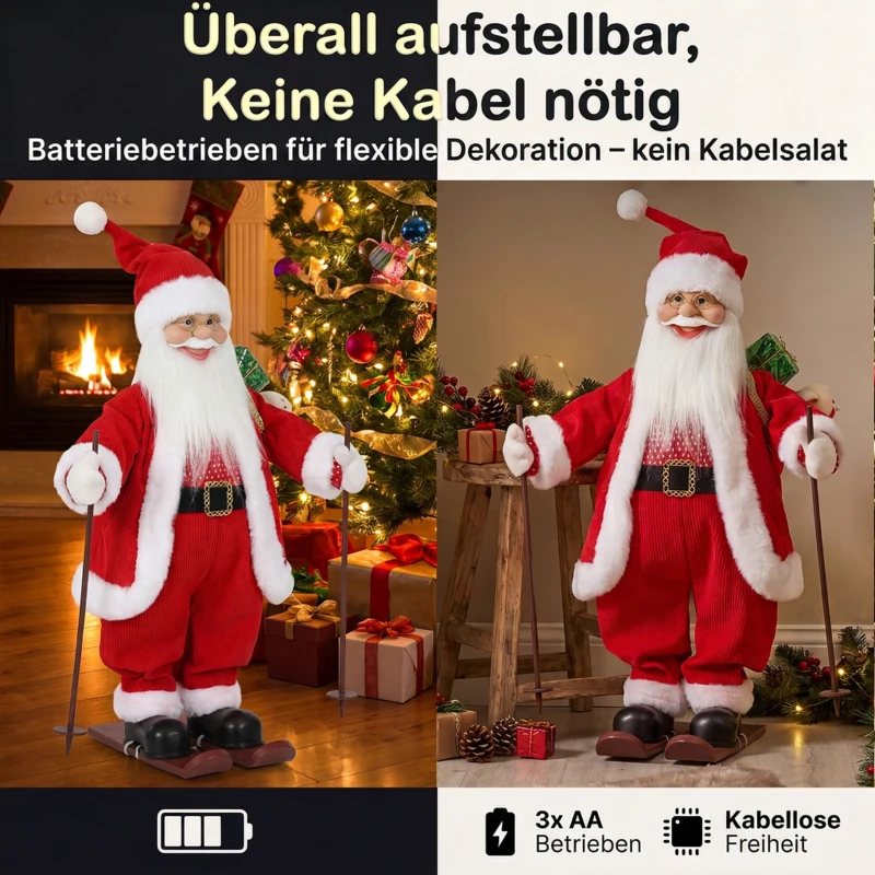 HOMCOM Singender Ski-Weihnachtsmann, 66 cm, animierte stehende Weihnachtsfigur mit Skiern, Geschenkesack und Geräusch-/Berührungsaktivierung