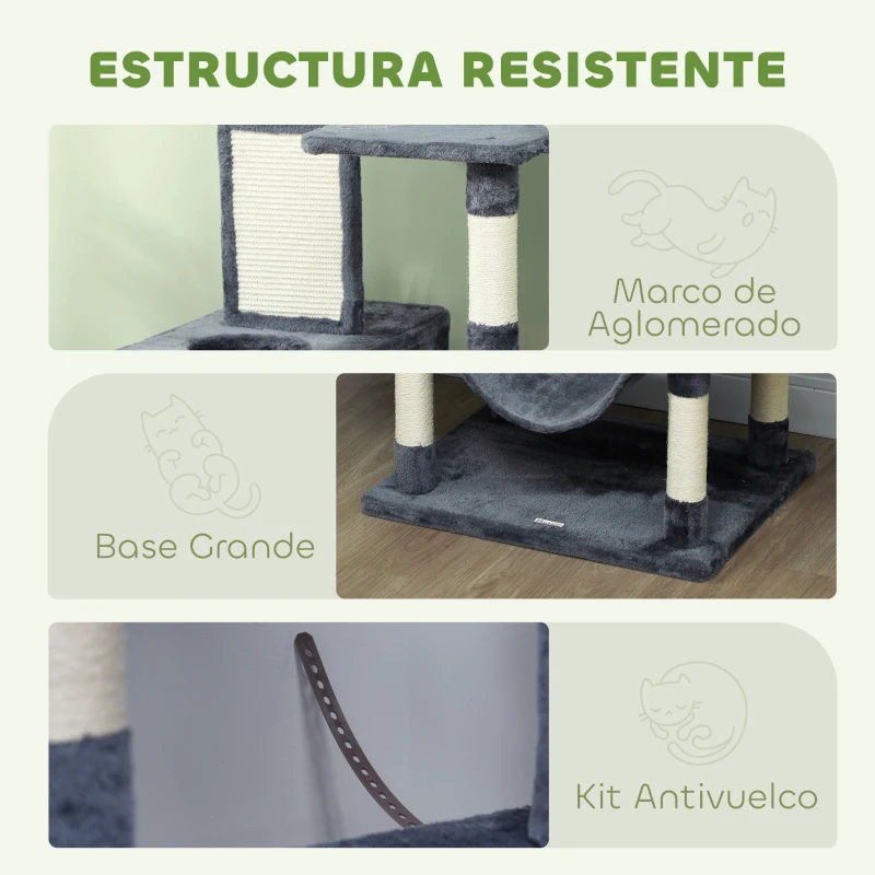 PawHut Árbol Rascador para Gatos Grande Altura 206 cm con Múltiples Niveles Cuevas Bolas Colgantes y Hamacas Gris Oscuro
