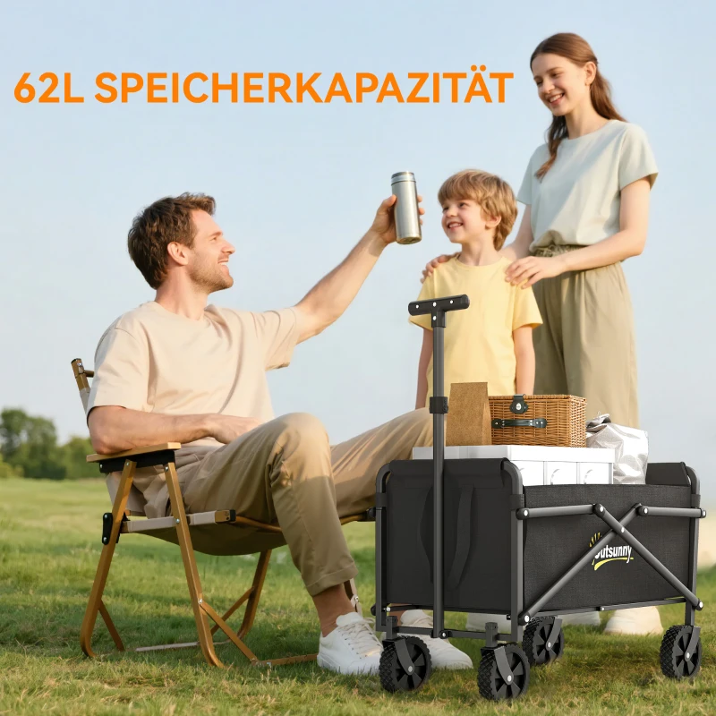 Outsunny Bollerwagen Faltbar Handwagen 360° Gartenwagen mit verstellbarem Griff Strandwagen bis 60 kg für Sport Einkauf Schwarz