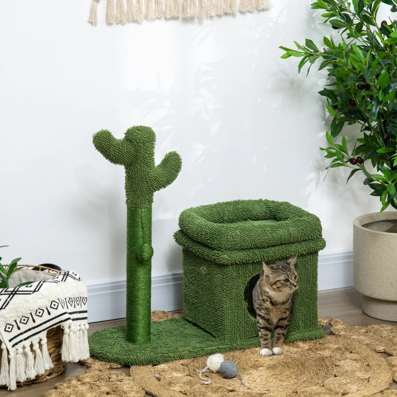 PawHut Árvore Arranhador para Gatos Desenho de Cacto com Cama Casa de Pelúcia Poste de Sisal e Bola Suspensa 68x30x67cm Verde