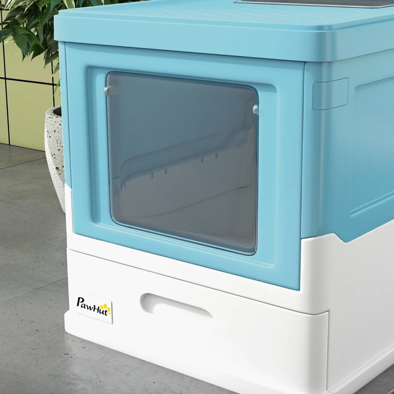PawHut Litteră pentru Pisici Închisă cu Lopățică, Tavă Retractabilă și 2 Uși, 47.5x35.5x36.7cm, Albastră