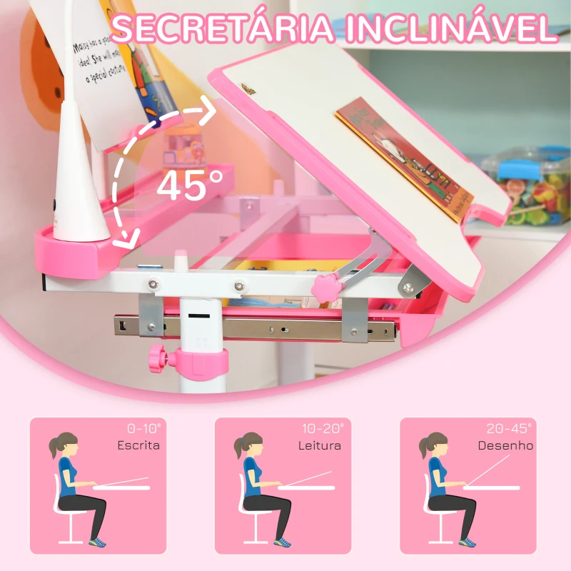 HOMCOM Conjunto de Secretária e Mesa para Crianças acima de 6 Anos com Altura Ajustável Mesa Inclinável e Lâmpada Rosa