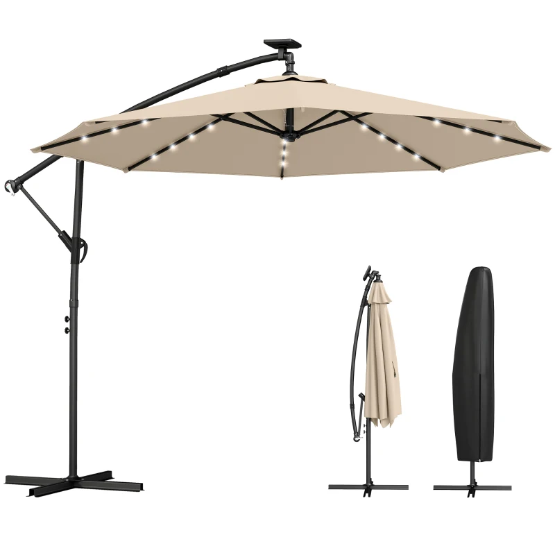 Outsunny Ampelschirm LED Solar ca. Ø300 cm Drehbar Sonnenschirm mit Kurbel Ständer Schutzhülle Beige