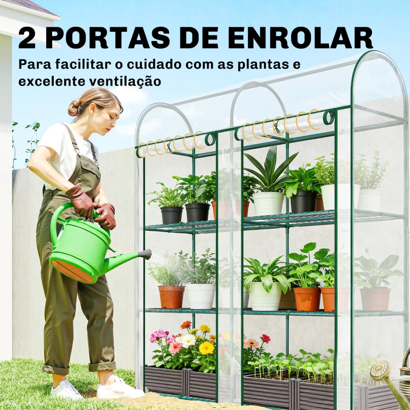 Outsunny Estufa Pequena de 3 Níveis 2 Portas Enroláveis Estrutura de Aço Cobertura de Plástico 143x46x164 cm Transparente