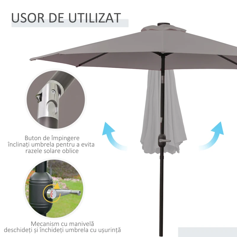 Outsunny Umbrelă de Grădină Reglabilă Ø265 cm cu 32 Lumini LED Solare și Manivelă, Umbrelă de Exterior cu 8 Bare de Sprijin, din Oțel, Poliester, pentru Terasă, Curte, Balcon, Gri