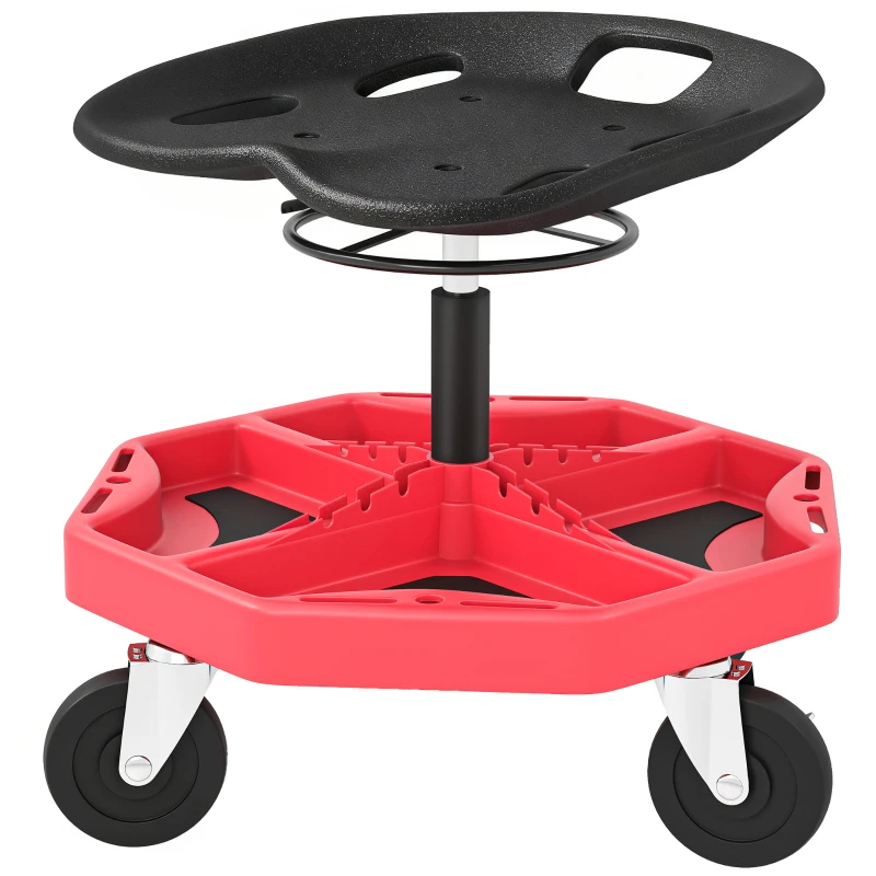 HOMCOM Banco de Oficina Móvel com Bandeja Magnética Altura Ajustável de 52–59,5 cm Carga 135 kg Banco para Mecânico com Rodas para Garagem Reparação de Automóveis Vermelho