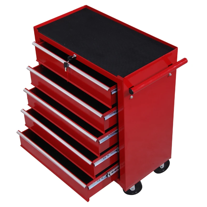 HOMCOM Carrello Porta Utensili con 5 Cassetti, Serratura, 2 Chiavi e Manubrio Parete Smontabile 2 Ruote con Freno in Lamiera d'Acciaio EVA Rosso 67,5x33x77cm