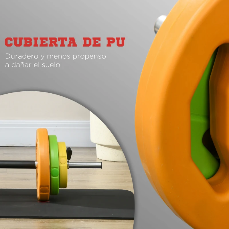 HOMCOM Barra de Pesas con 6 Discos de Pesos 1,5kg 2,5kg 5 kg para Entrenamiento Fuerza y Brazos 130x28x28 cm Multicolor
