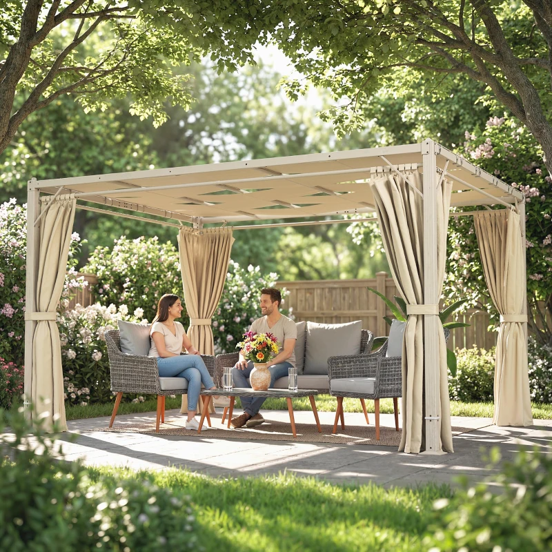 Outsunny Pérgola de Jardim 385x295x225 cm com Teto Ondulado 4 Cortinas Removíveis Proteção UPF50+ e Estrutura de Aço Bege
