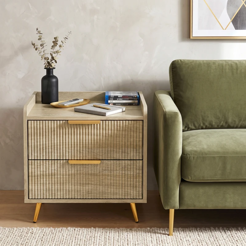 HOMCOM Bedside Table with 2 Drawers, Side End Table with Metal Legs for Bedroom, Living Room, Natural Wood Finish