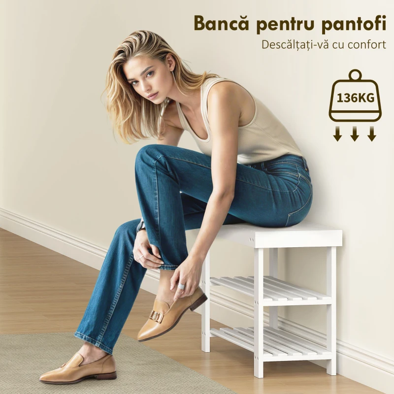 HOMCOM Bancă Joasă pentru Pantofi din Bambus cu 2 Rafturi și Șezut, 70 x 28 x 45 cm, Alb