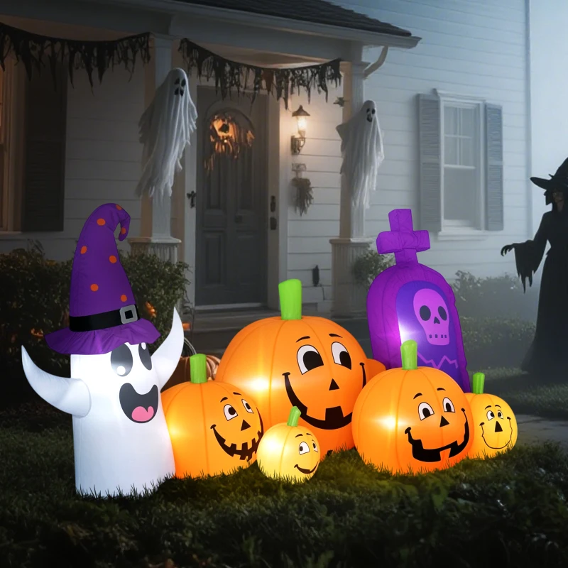 Outsunny Abóbora Insuflável de Halloween com Fantasma Lápida com Luzes LED IP44 e Insuflador para Festas 240x130x130 cm Multicolor