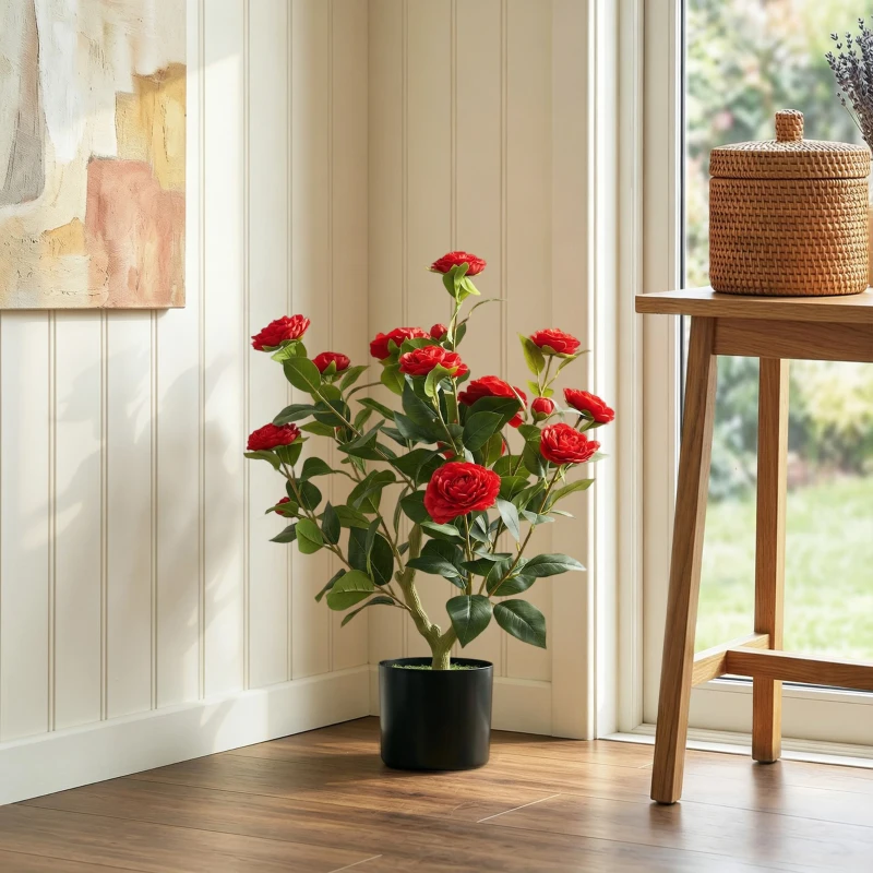 HOMCOM Planta Artificial de Camélia 65 cm com Flores Realistas de Seda 116 Folhas e Efeito de Musgo Vermelho
