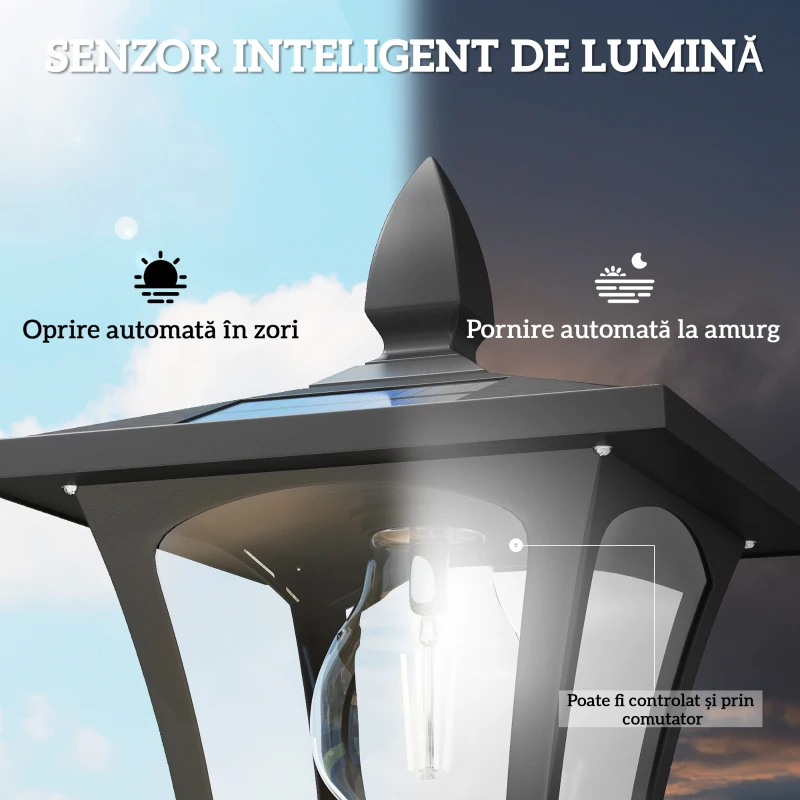 Outsunny Lampă Stradală Solară cu Înălțime Reglabilă de 1,6 m, Neagră