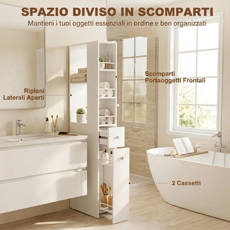 HOMCOM Mobile Colonna Bagno con 2 Cassetti, 2 Ripiani e 3 Scomparti, in Legno, 18x40x135 cm, Bianco