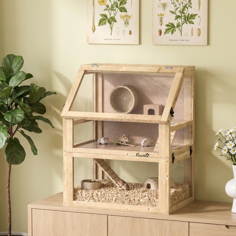 PawHut Wooden Hamster Cage with Detachable 32cm Deep Bottom, Hut, Seesaw, Exercise Wheel, Ramp, 60 x 40 x 75cm, Natural