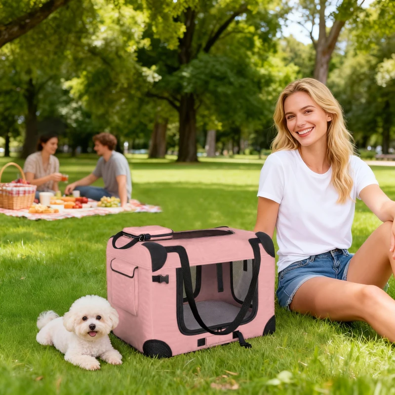 PawHut Transportadora Dobrável para Cães 60x41,5x41 cm com Janelas de Rede, Almofada Macia e 2 Alças para Mini Cães e Gatos Rosa