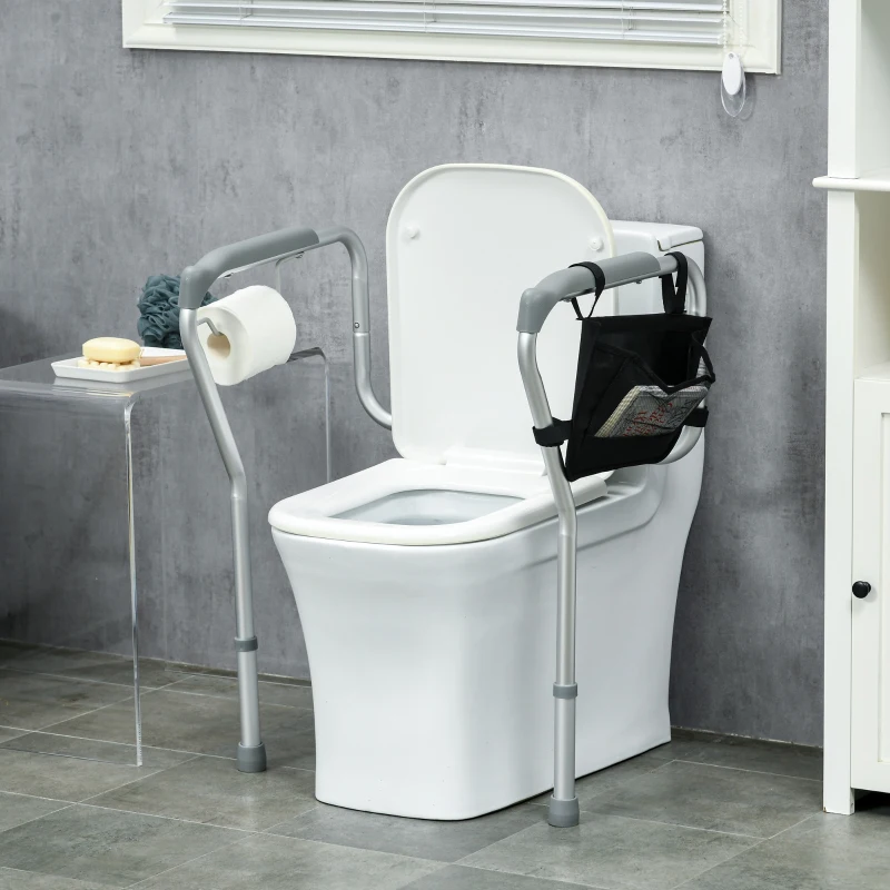 HOMCOM Barra de Segurança para Sanita de Alumínio Apoio de Segurança para Sanita Ajustável com Alça Antiderrapante e Bolso 55-62x47x64-74 cm Prata