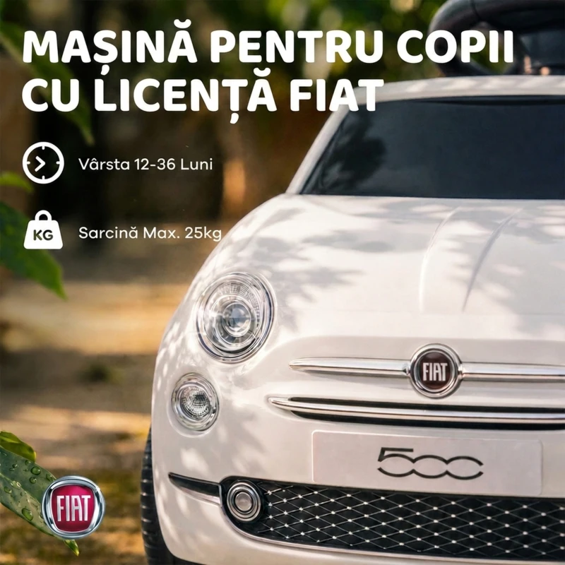 AIYAPLAY Mașinuță de Împins pentru Copii cu Licență Fiat, Muzică, Claxon, Anti-Răsturnare și PP, Alb