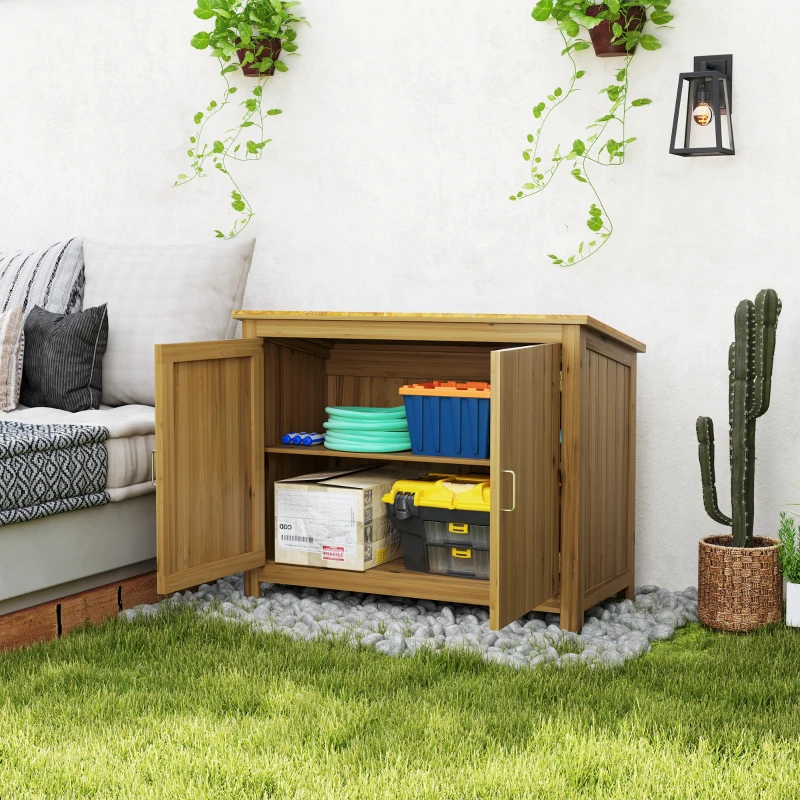 Outsunny Armoire de jardin en bois abri de jardin extérieur avec toit incliné, 2 étagères et 2 portes, 110 x 50 x 85 cm, marron(m-10)
