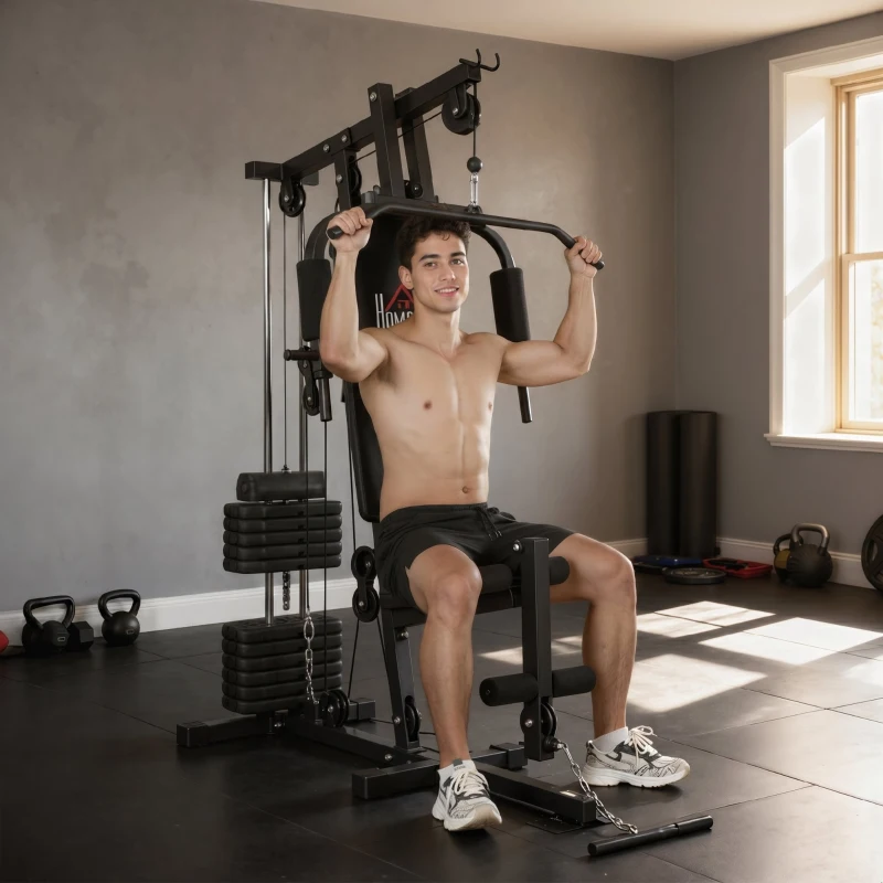 HOMCOM Stație de Fitness cu Șezut și Spătar Căptușite, din Oțel și PU, 135x103x210 cm, Negru