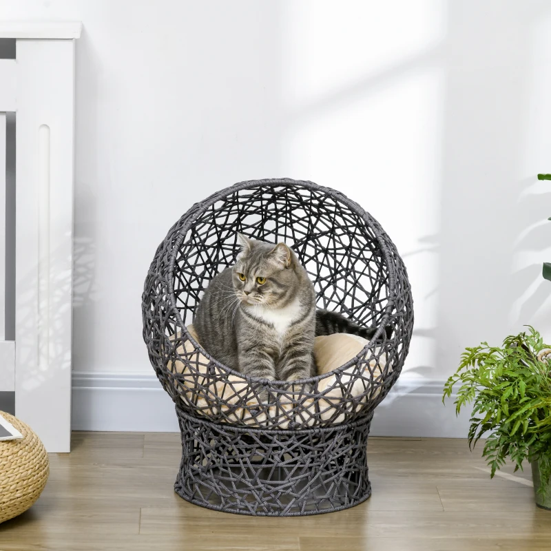 PawHut Panier chat lit surélevé chat cosy niche grotte 50 x 50 x 60 cm coussin moelleux crème inclus, corde en polyester violet