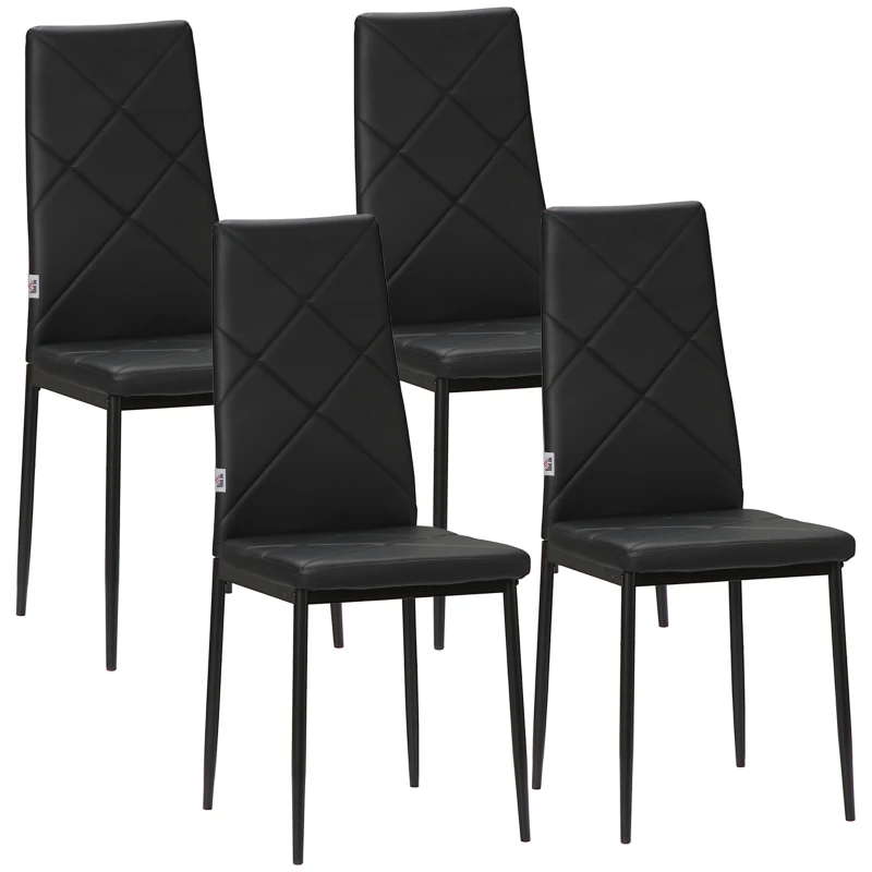HOMCOM Conjunto de 4 Cadeiras de Sala de Jantar Estofadas em Couro Sintético com Encosto Alto e Pés de Aço 41x50x97cm Preto