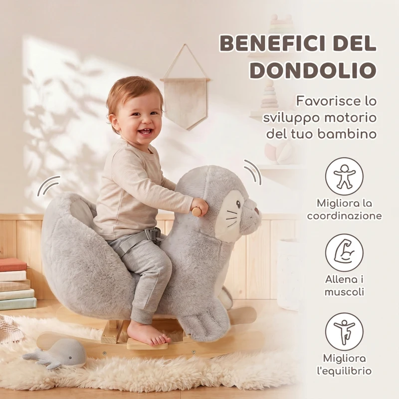 AIYAPLAY Cavallo a Dondolo per Bambini 1-3 Anni a Forma di Foca con Suoni Realistici, Cintura di Sicurezza, Grigio