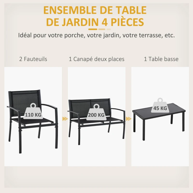 Outsunny Salon de jardin extérieur 4 pièces avec canapé 2 places, 2 chaises et table basse en verre trempé, coussins inclus, noir
