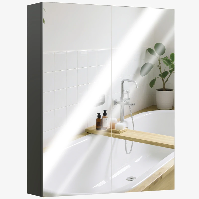 HOMCOM Armadietto Pensile Bagno 2 Ante con Specchiera e 2 Ripiani Interni in MDF, 60x15x75 cm, Nero