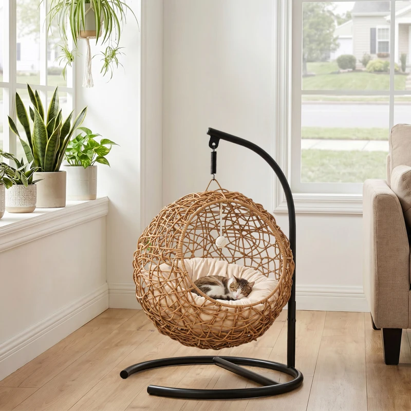 PawHut Katzenbett Rattan Katzenhöhle mit Waschbarem Kissen und Spielball, für Katzen bis 10 kg, 45 x 41 x 75 cm, Hellbraun