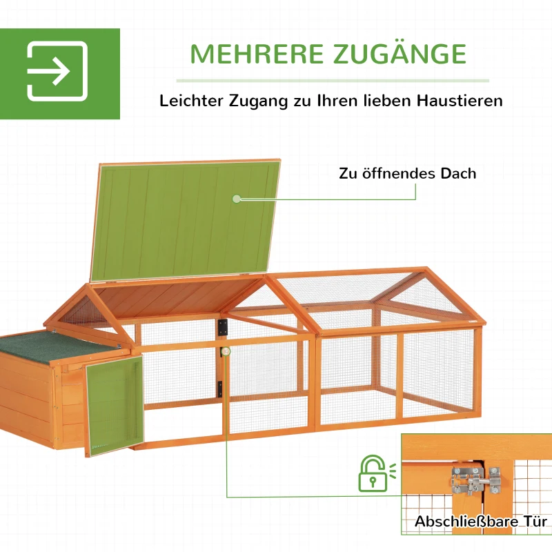 PawHut Hühnerstall Freilaufgehege 2,4 x 1,125 x 0,76 m Freigehege mit Schloss Tür aufklappbar Dach Tannenholz Orange