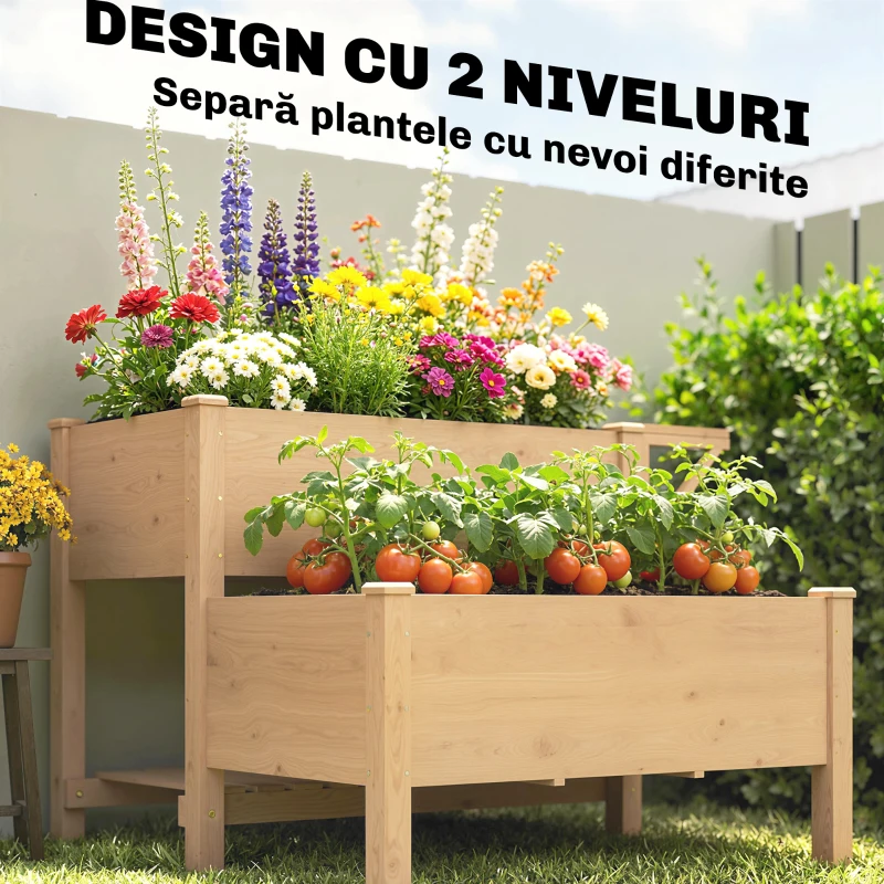 Outsunny Jardinieră Înălțată pe 2 Niveluri cu Rafturi din Lemn, 119,5x102x76,5cm, Maro