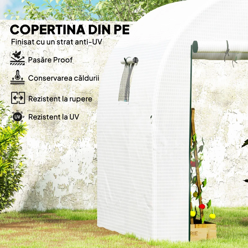 Outsunny Seră Tip Tunel pentru Grădină 1.8x1.8x2 m din Oțel și PE Anti-UV cu Uși Rulabile și Ferestre, Albă