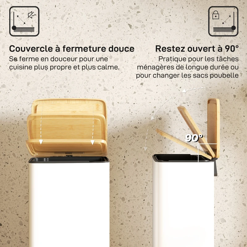 HOMCOM Poubelle de Cuisine 20L, Poubelle avec Pédale, Couvercle en Bambou à Fermeture Douce, Seau Intérieur Amovible, Blanc