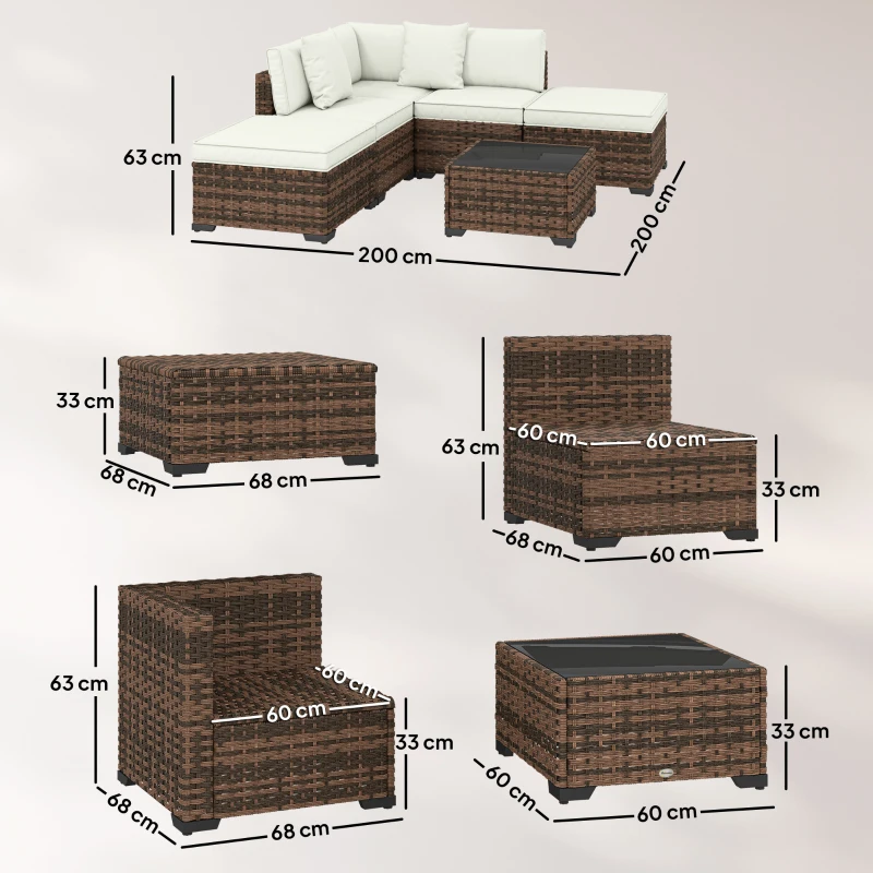 Outsunny Conjunto de Jardim Exterior em Rattan de 6 Peças com Cadeira de Canto, 2 Cadeiras sem Braços, Apoio para Pés e Mesa Castanha