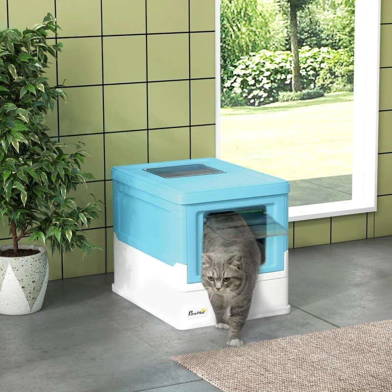 PawHut Litteră pentru Pisici Închisă cu Lopățică, Tavă Retractabilă și 2 Uși, 47.5x35.5x36.7cm, Albastră