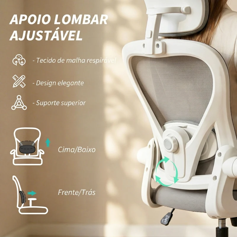 HOMCOM Cadeira de Escritório Giratória com Altura Ajustável Apoio para a Cabeça e Suporte Lombar Ajustáveis 58x63x115-125 cm Cinza