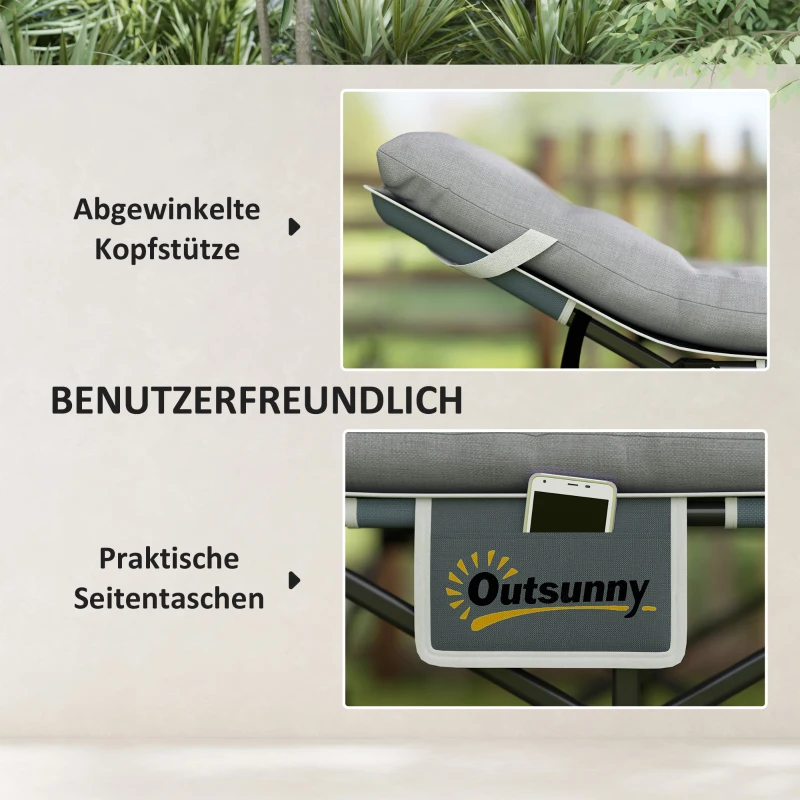 Outsunny Feldbett faltbar Campingbett mit Matratze Kopfkissen Seitentasche 185 x 68 x 37 cm bis 150 kg Hellgrau