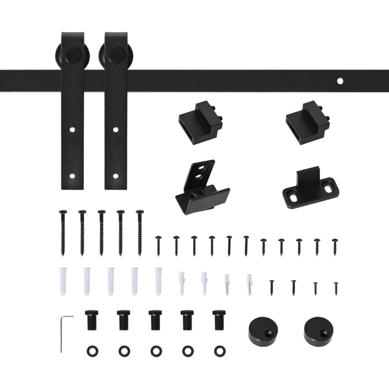 HOMCOM Ferragens para Porta Corredeira 200cm Kit de Acessórios para Porta Corredeira de Madeira com 2 Trilhos de Aço Carga Máxima 20 kg Preto
