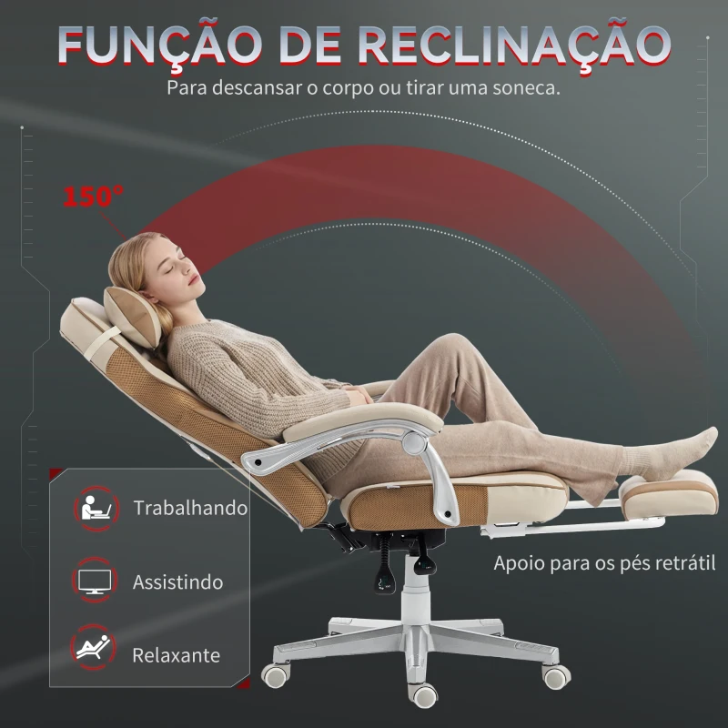HOMCOM Cadeira Gamer Reclinável com Altura Ajustável Apoio para Pés Retrátil Suporte Lombar e Almofada de Cabeça Removível Creme