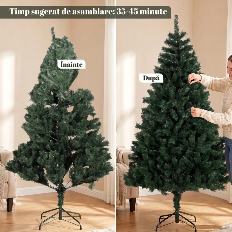 HOMCOM Brad de Crăciun Artificial, 180 cm, cu 820 de Crengi Ignifuge, Verde